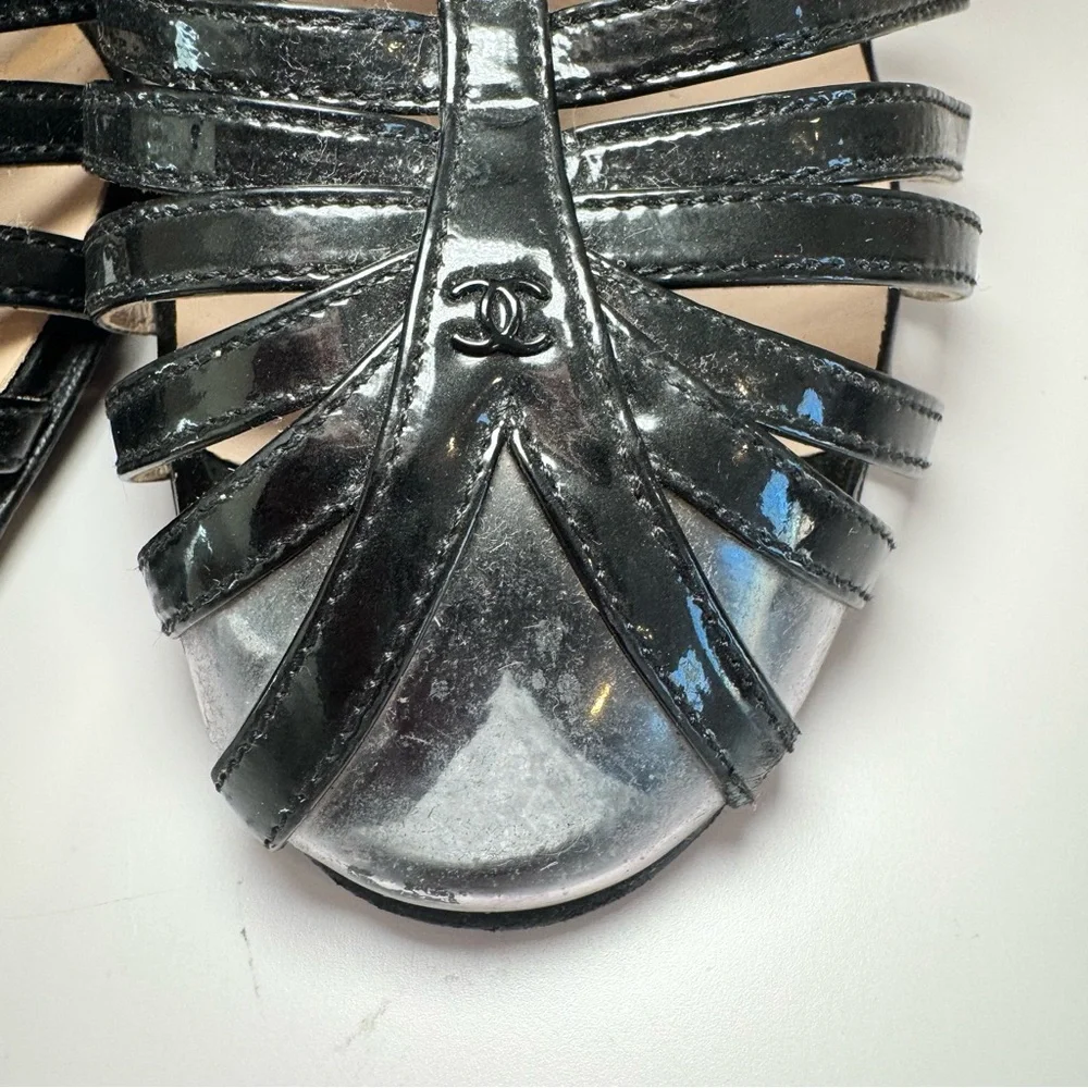 Chanel Black Patent Leather & Clear PVC Cage Block Heel Sandal W CC Logo, Sz 38